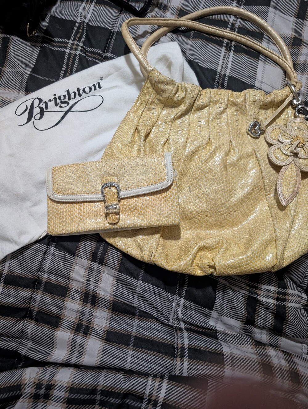 Brighton Yellow Snakeskin Embossed Leather Bag With Wallet Wristlet And Dustbag